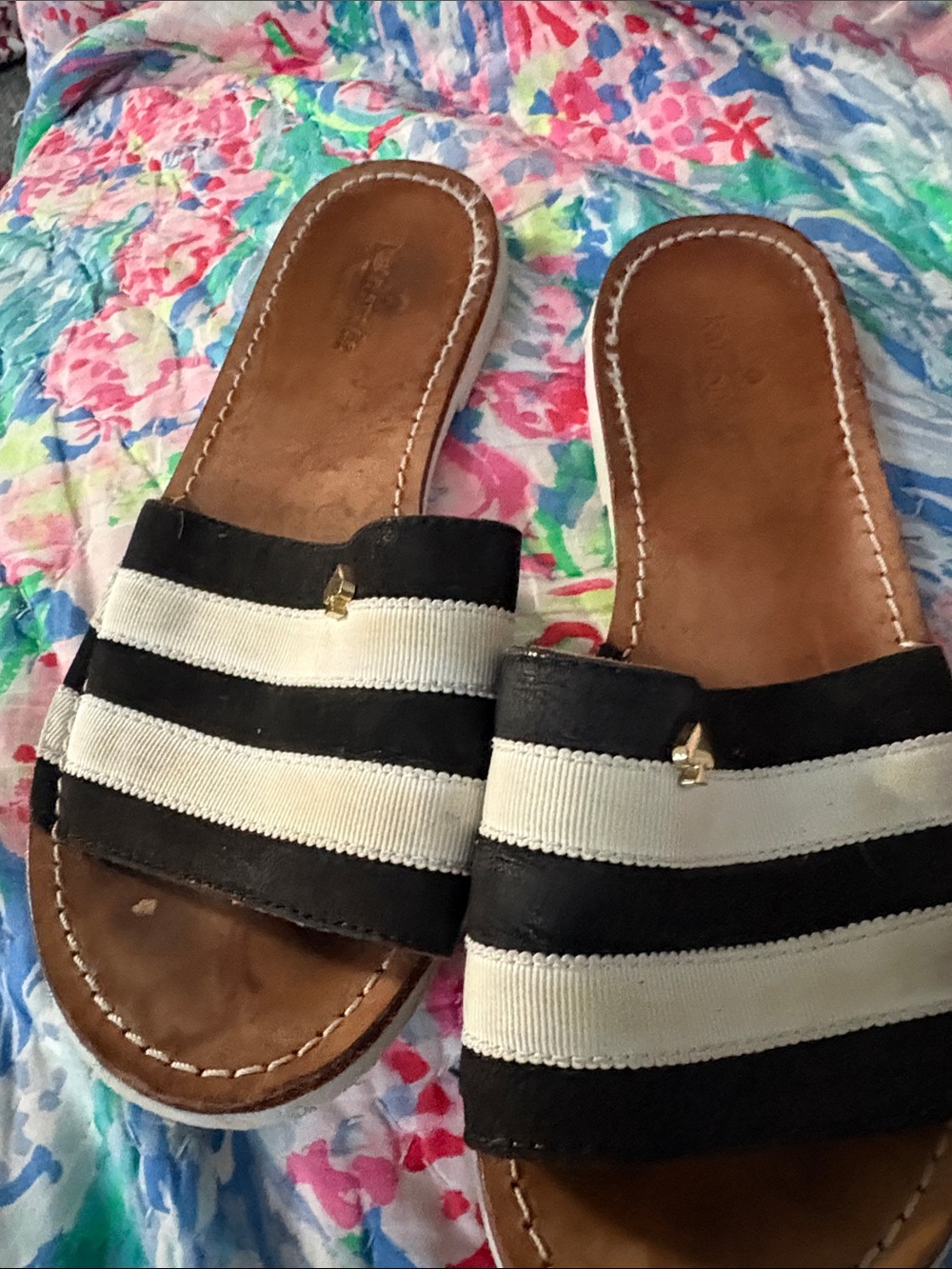 kate spade Black and White Striped Slide Sandals